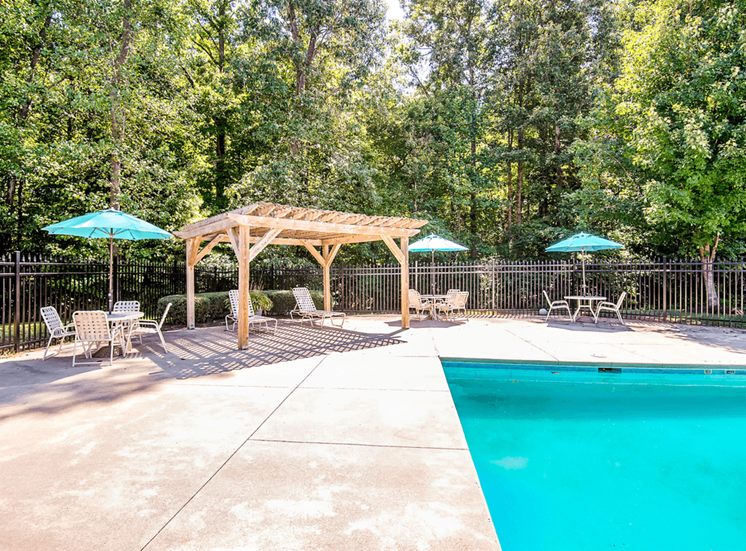 Swimming Pool and Sun Deck with Lounge Chairs Grill and  Pergola Near Treeline